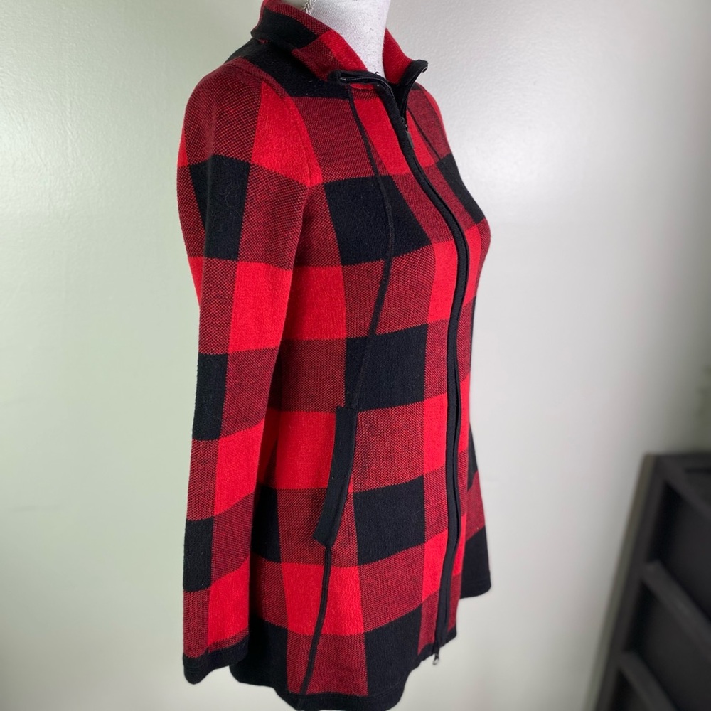 Adrienne Vittadini women XS buffalo plaid fitted zip sweater pockets red/black - Picture 3 of 8
